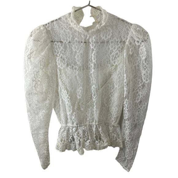 VINTAGE Victorian White Lace Ruffle Peplum Blouse Floral High Neck Back Button - Picture 1 of 4